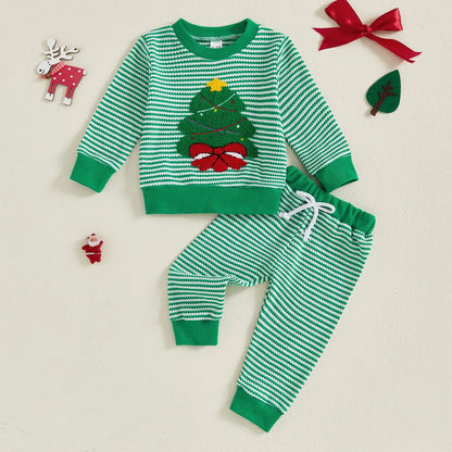 Weihnachts-Baby-Kleidung aus Baumwolle, 2-teiliges Set, 0–3 Jahre, gestreiftes Sweatshirt und Hose für Kleinkinder mit besticktem Weihnachtsbaum-Outfit.