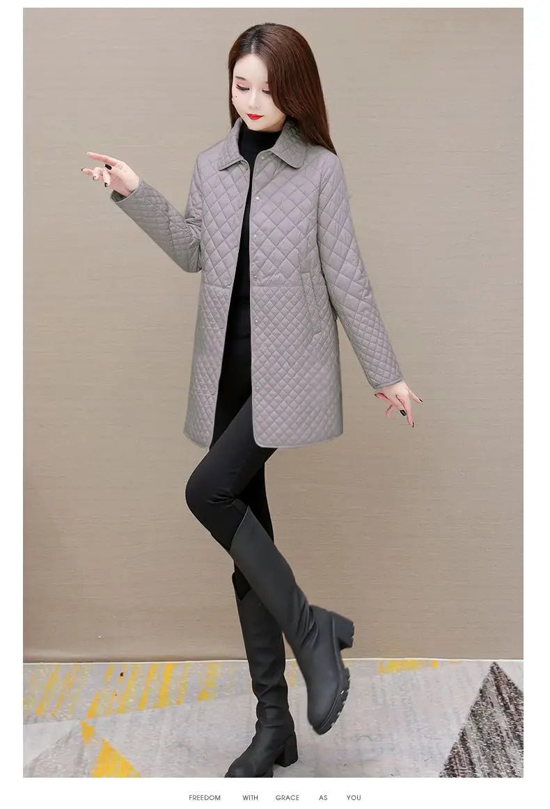 Herbst Winter Frauen Midi Plaid Stepp Mäntel Mode Weibliche Koreanische Kleidung Neue Feste Beiläufige Verdicken Warme Langarm Jacken.