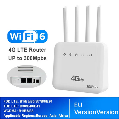 Wifi 6 LTE 4G CPE Router With SIM Slot, Four Antenna Signal Booster, 300Mbps Fast Internet For Europe.