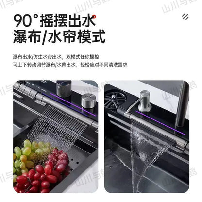 Waterfall kitchen sink nano thickened digital display honeycomb household single slot