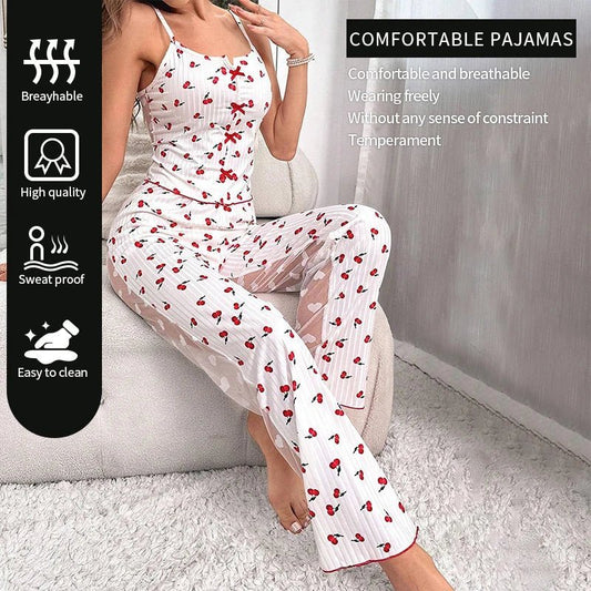 2-teiliges Damen-Set aus sexy transparenter Mesh-Spitze mit geripptem, bedrucktem Trägeroberteil und Hose, Heimkleidung, Pyjama-Set.