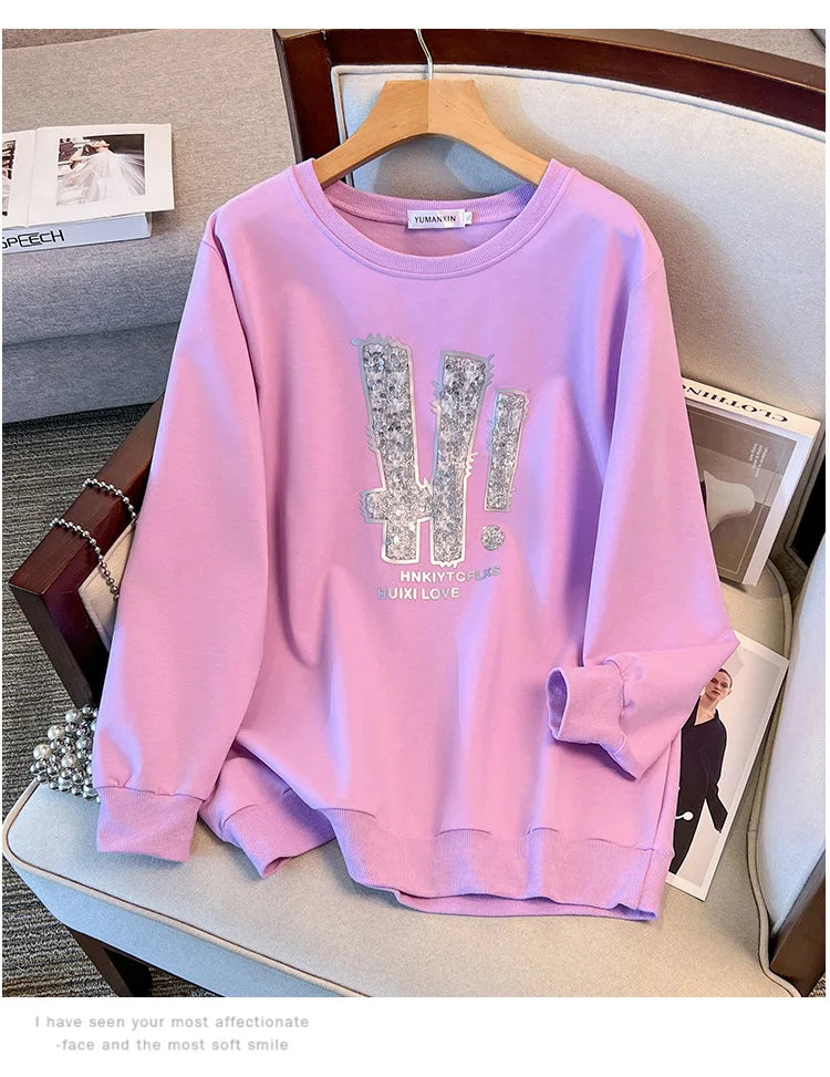 175kg plus size Damen büste Frühling Herbst loser Rundhals ausschnitt Langarm bedrucktes Sweatshirt schwarz lila 5xl 6xl 7xl 8xl 9xl.