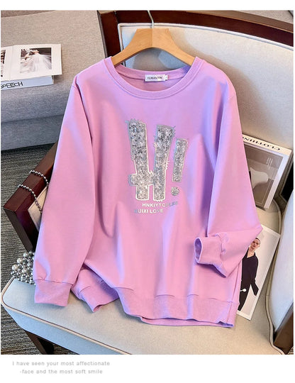 175kg plus size Damen büste Frühling Herbst loser Rundhals ausschnitt Langarm bedrucktes Sweatshirt schwarz lila 5xl 6xl 7xl 8xl 9xl.