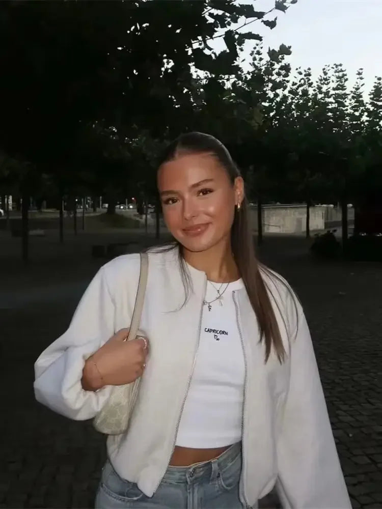 Damen Mode Herbst Winter Jacke Frauen Retro Rundhals Langarm Elastische Saum Zipper Weiche Bomber Jacke Frauen Mantel Weibliche.