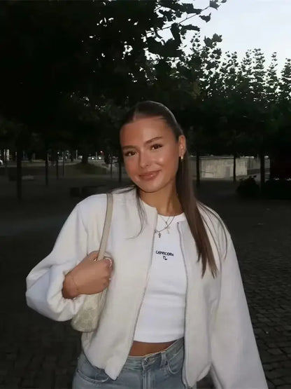 Damen Mode Herbst Winter Jacke Frauen Retro Rundhals Langarm Elastische Saum Zipper Weiche Bomber Jacke Frauen Mantel Weibliche.