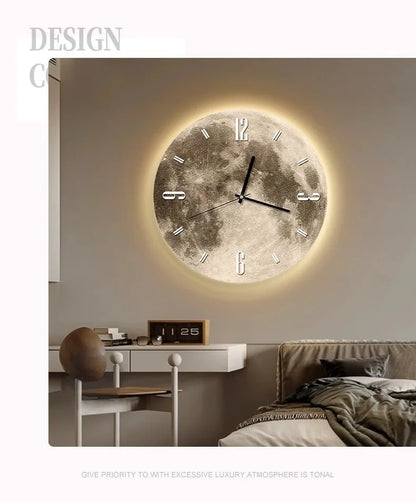20-Zoll-Mode-Wanduhr, Esszimmer, Wohnzimmer, Mond, die Erde, Modellierung, LED-Licht, geräuschloses Uhrwerk, Schlafzimmeruhr, Wanddekoration