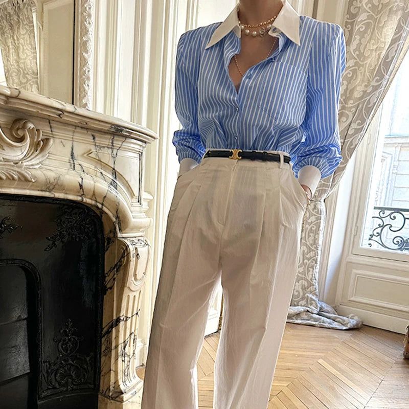 Jmprs Elegant Women Shirts Korean Striped Red Fashion Turn Down Collar Office Ladies Tops Long Sleeve Causal Female Blouse.