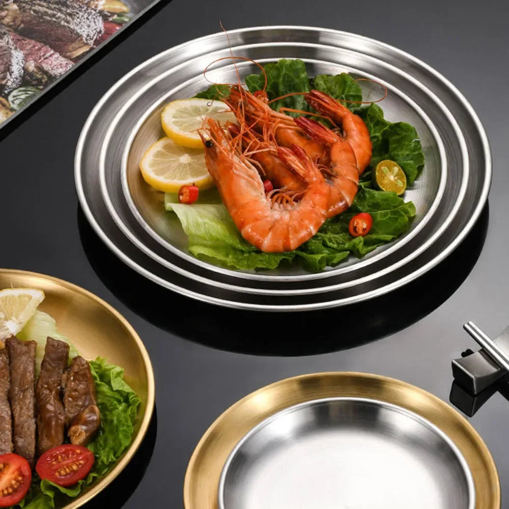 6Pcs High Quality Stainless Steel Bone Spitting Dish Silver Colors Shallow Tray Metal Dining Disc Fruit Meat Round Plate.
