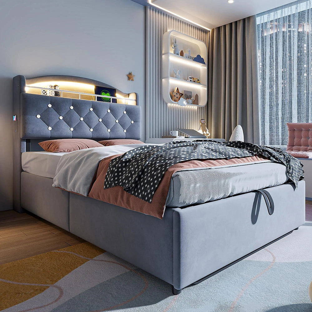 KOMHTOM Kinder Polsterbett 90x200 cm Samt Einzelbett, Multifunktionsbett mit Stauraum, LED und USB