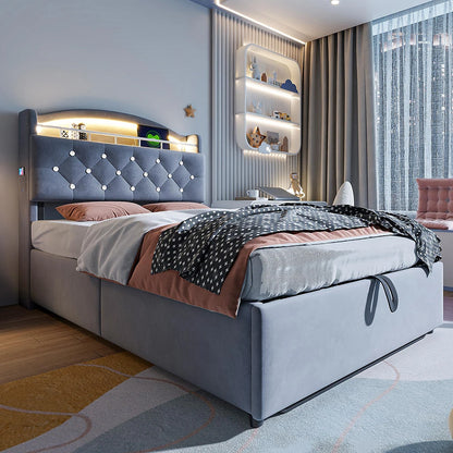 KOMHTOM Kinder Polsterbett 90x200 cm Samt Einzelbett, Multifunktionsbett mit Stauraum, LED und USB