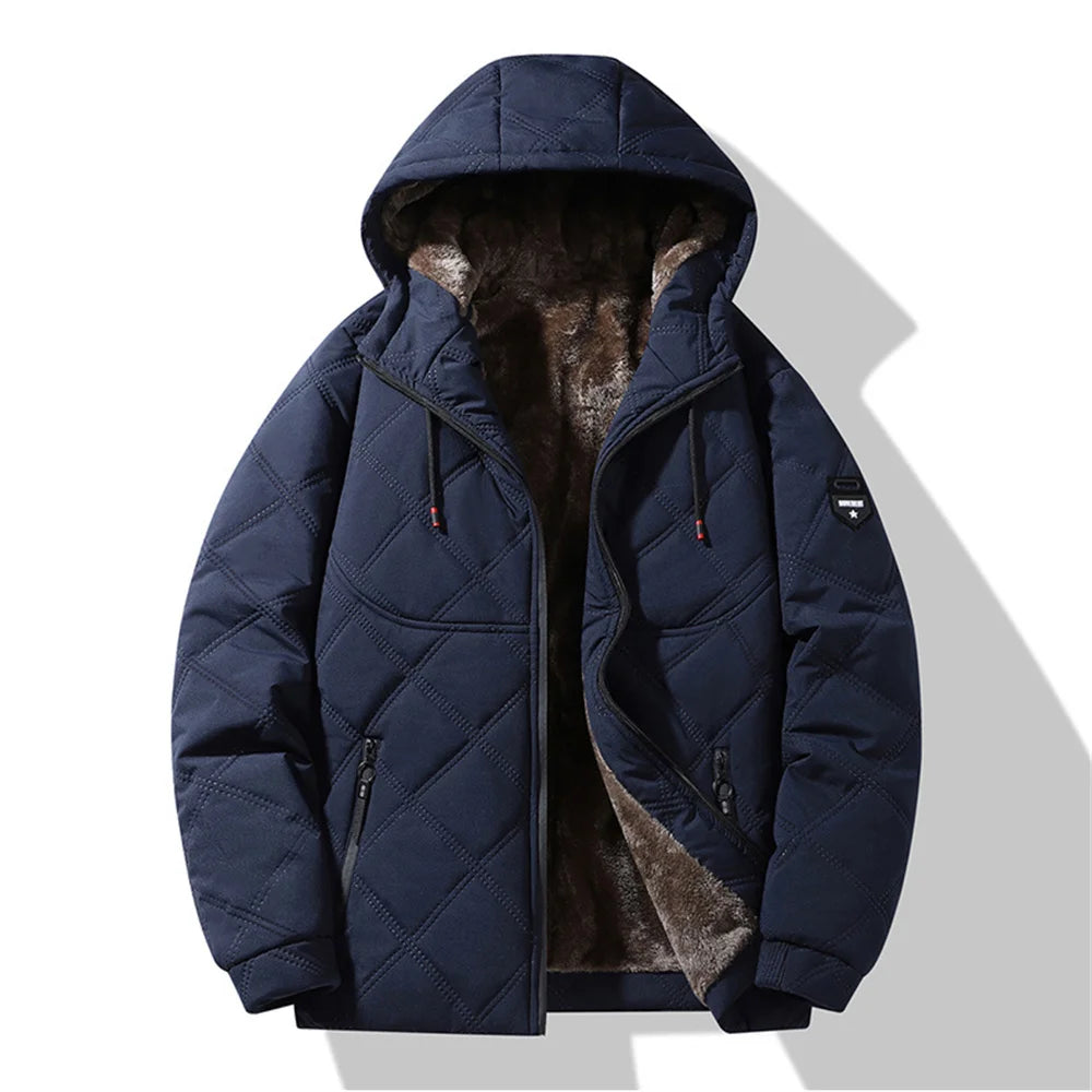 Winter Windproof Thermal Diamond-Pattern Fleece-Lined Thickened Cotton Coat Business Casual Hooded Jacket Fashionable Menswear