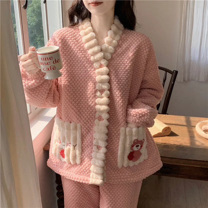 Winter Women Warm Fashion Pajama Sets Sweet   Elegant French Style Girlish Leisure Thicken Flannel Comfort Pajamas
