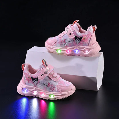 Kids'Casual Shoes Girls Led Light Cartoon PU Leather Spring Fashion Flat Bottom Anti-slip Soft Bottom Pink Purple Size 21-30.