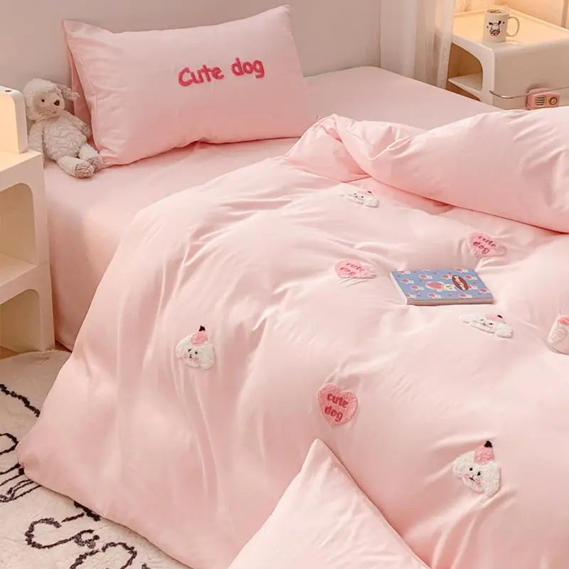 Ins Girly Heart Towel Embroidery Bedding Four-piece Set Soft Washed Cotton Bed Sheet Quilt Cover Three-piece Set.