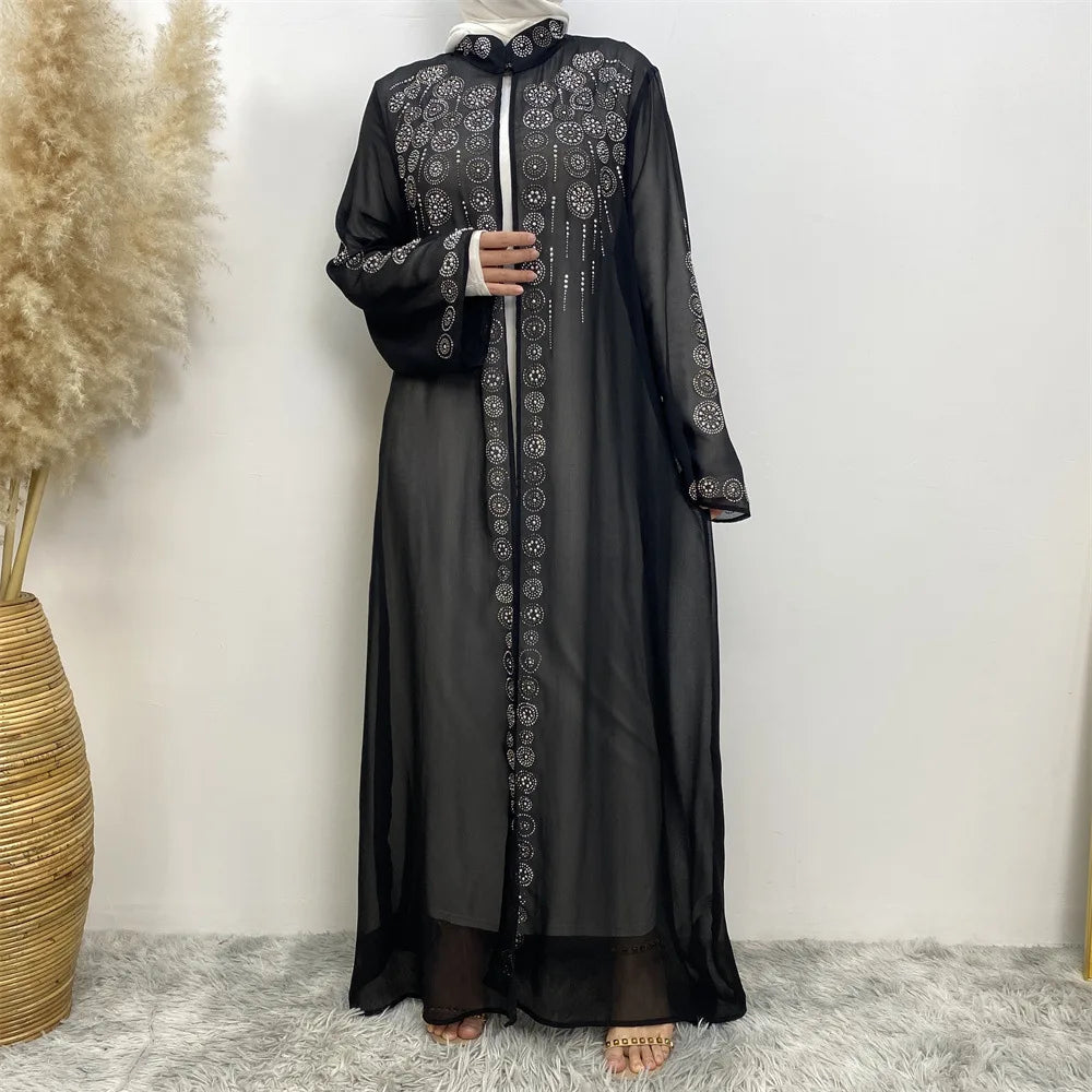 Luxury Diamonds Kimono Open Abayas for Women Muslim Dress Morocco Kaftan Dubai Turkey Party Gown Kebaya Islam Jalabiya Ramadan.