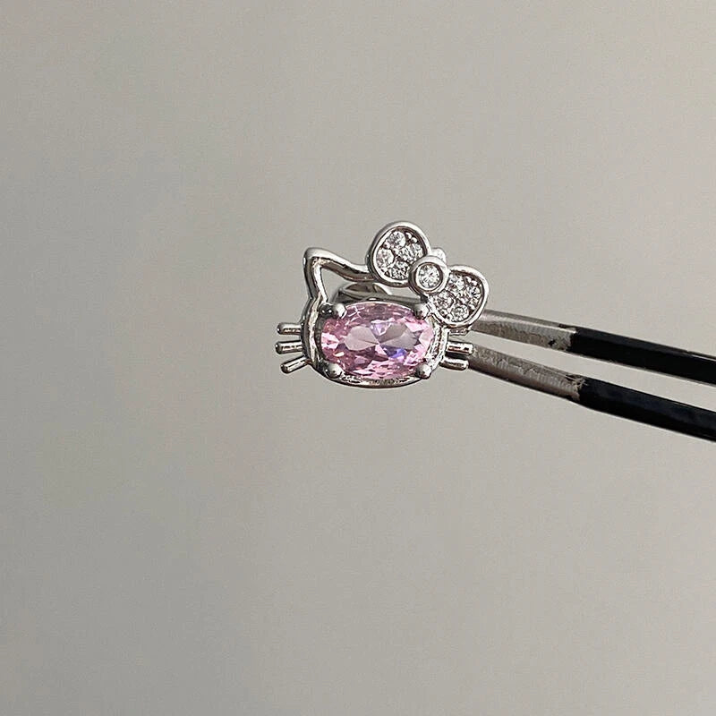 Cute Pink Zircon Cat Stainless Steel Ear Bone Nail Water Droplet Pendant Small Earrings for Women Cochlear Puncture Accessory.