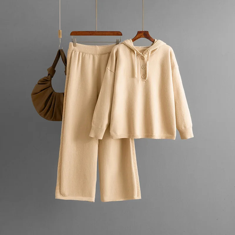 Autumn Winter 2025 New Fashion Women's Solid Color Casual Trendy Loose Knitted 2 Piece Sets Hooded Sweatshirts Wide Leg Trousers.