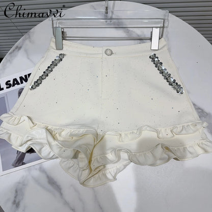 2025 Summer Clothes New Fashion Sequined Beaded Fungus Edge Pants Three-point Shorts Sweet Girls Temperament Short Pants Women.