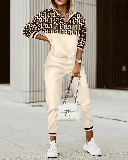 New Fashion Women Plaid Print Splicing Zipper Front Hooded Top & Pants Set Two Pieces Suit Flare Pants Outwear Autumn Outfits.