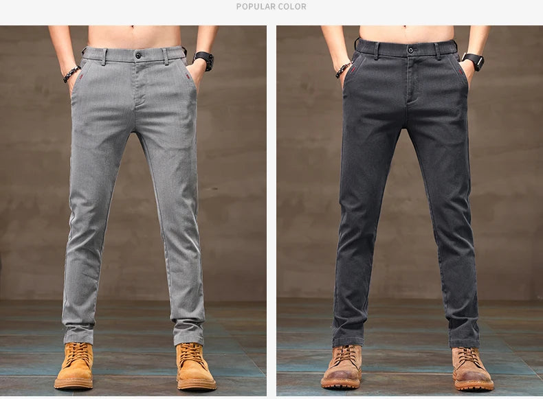 Men's Business Casual Pants Stretch Slim Fit Straight Semi-elastic Waist Trousers Solid Classic Office Work Male Clothing.