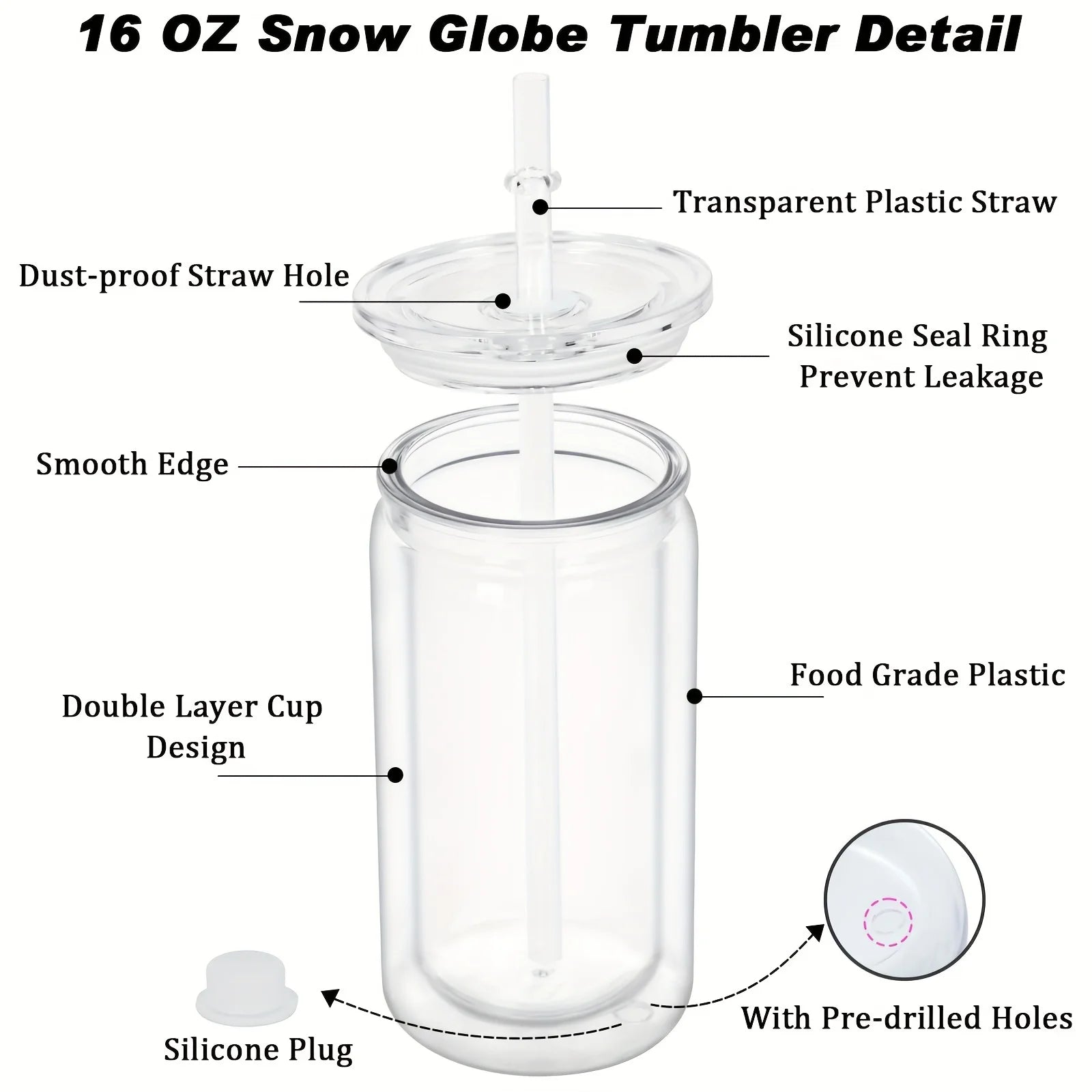 16OZ DIY Snowglobe Tumbler with Pre Drilled Hole Reusable Plastic Water Bottles Break-Resistant Mason Jar Cups for Holiday Gifts.
