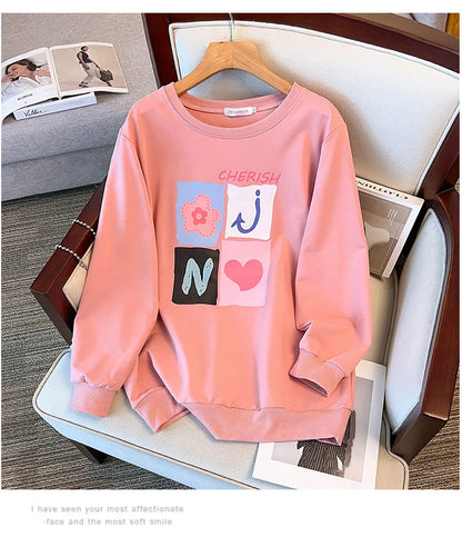 175kg plus size Damen büste Frühling Herbst lose Langarm bedrucktes Sweatshirt Top schwarz rosa 6xl 7xl 8xl 9xl 10xl 11xl.