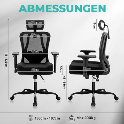 WOTSTA Ergonomischer Bürostuhl mit atmungsaktiver Rückenlehne und verstellbaren Kopfstützen-Armlehnen, gepolstertem Sitz, ideal für Arbeit und Studium