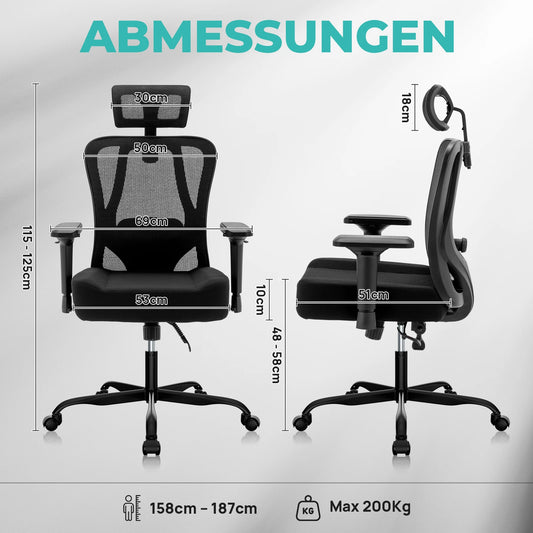 WOTSTA Ergonomischer Bürostuhl mit atmungsaktiver Rückenlehne und verstellbaren Kopfstützen-Armlehnen, gepolstertem Sitz, ideal für Arbeit und Studium