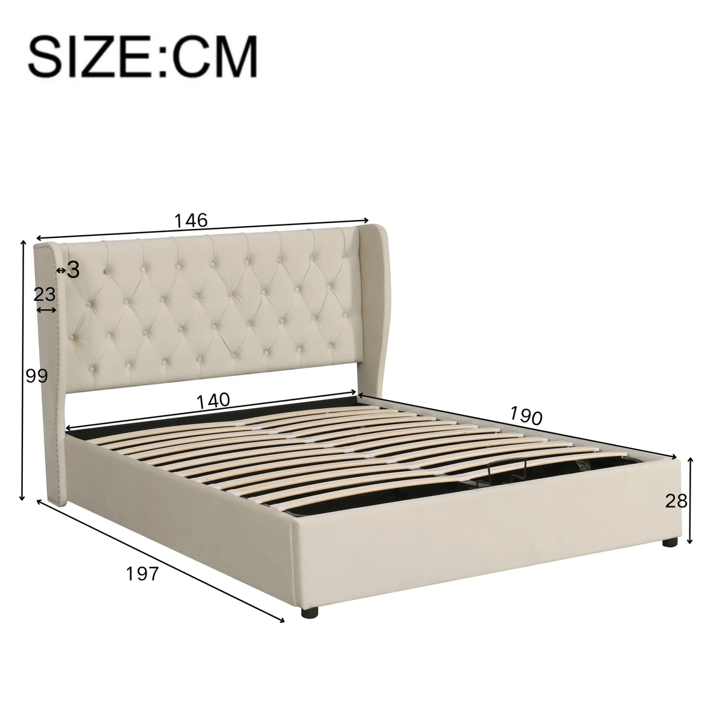 Fangange gepolstertes ohrenförmiges Bett, komplettes/Queensize-/King-/Doppelbett, hydraulisches Funktionsbett mit Lattenrost und Stauraum, Samt