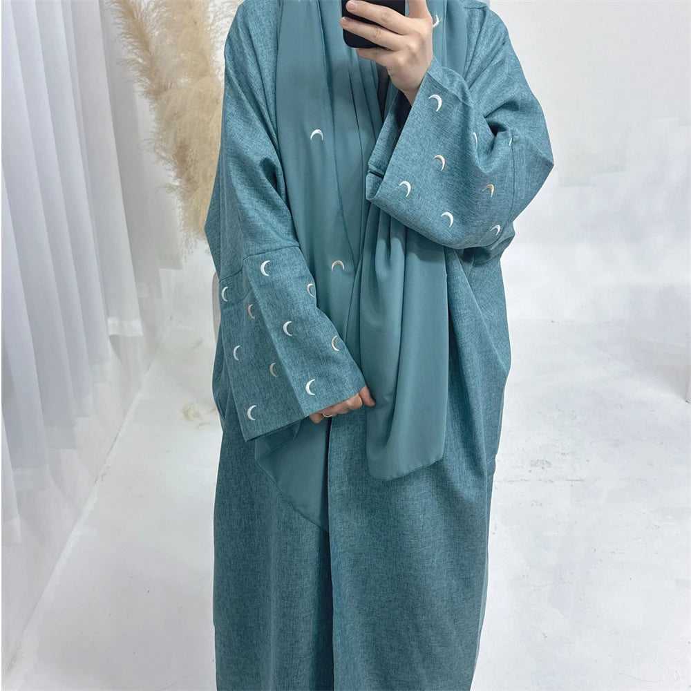 Moon Embroidery Open Abaya 2024 New Luxury Kimono Coat Hijab Muslim Sets for Women Islam Retro Modest Clothing for Party Kebaya.