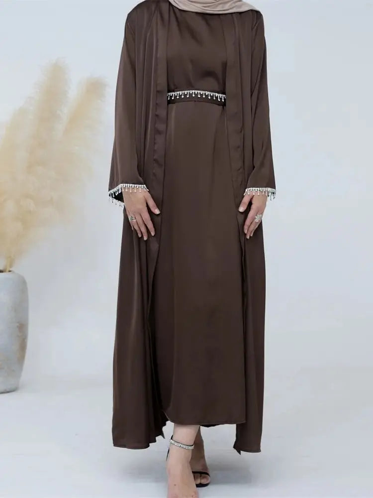 Ramadan Kebaya Chain Satin Kimono 2 Piece Abaya Set Turkey Islam Dress Muslim Sets Abayas For Women Robe Femme Musulmane Kaftan.