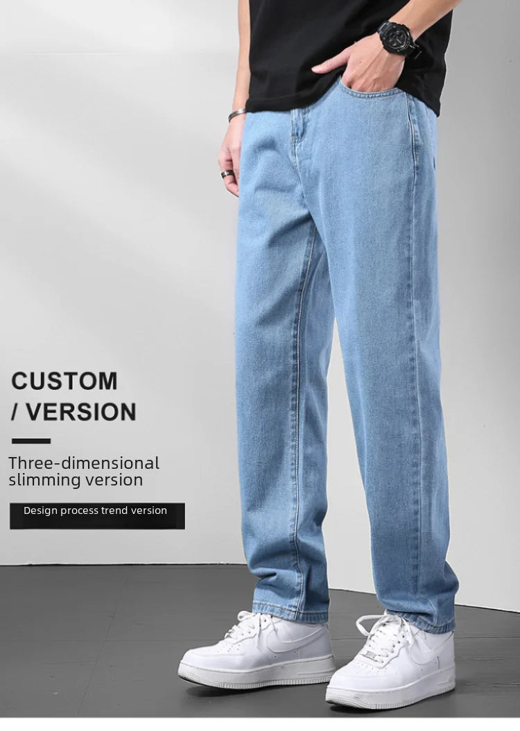 Light Blue American Retro Jeans Men Soft Loose Straight Cylinder High Street Workwear Casual Loose Legs Pants.