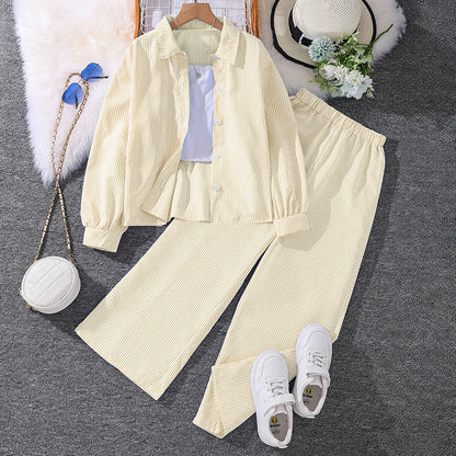 Spring Hot Sale Kids Outfit 4-12 Years Girls Striped Long Sleeve Chemise + Casual Loose Straight Leg Pants Shirt Suit 2Pcs Set.