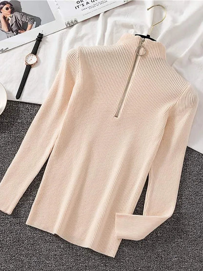 Frauen Fashion Solid Strick Pullover Vintage Langarm Zip-up Grundlegende Hälfte Rollkragenpullover Weibliche Pullover Chic Casual Tops