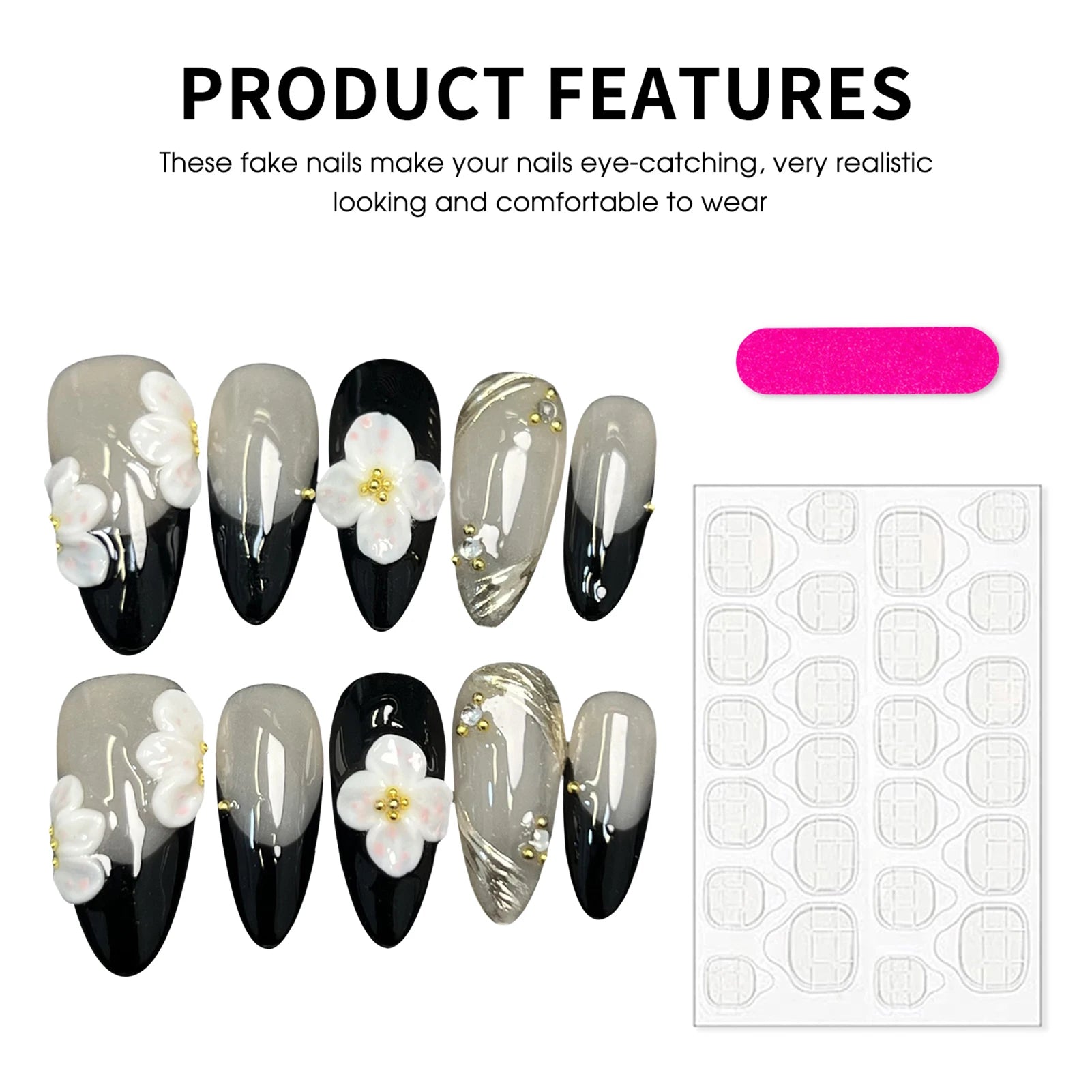 10Pcs Handmade Press On Nails Simple DIY Manicure Almond Black French Tips Fake Nails 3D White Flower Designs False Nails Art.