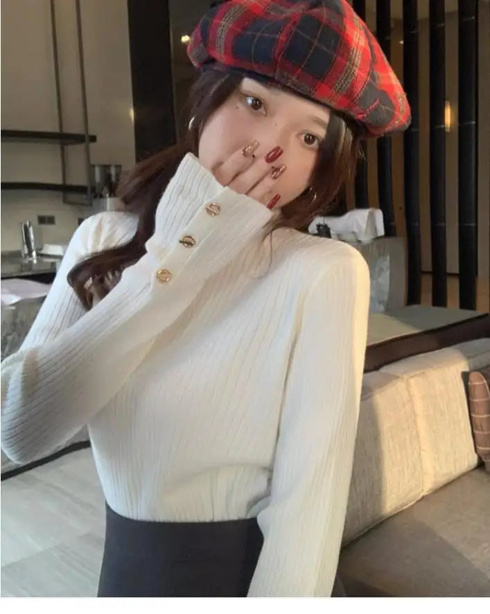 2025, weibliche Casual Tops Pullover Frauen Herbst Winter Gestrickte Dünne Pullover Feste Taste Volle Hülse Halb Hohen Kragen Pullover