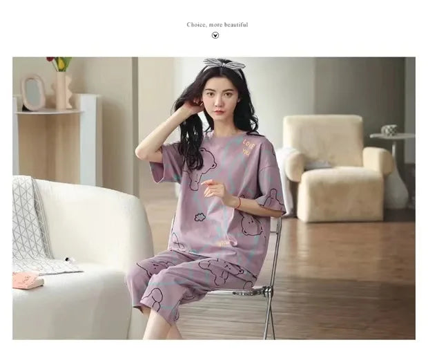 Sommer Neue Damen Pyjamas Homewear Set Kurzarm Pyjamas frauen Sommer Einfache Koreanische Cartoon Lose Große Größe Homewear.