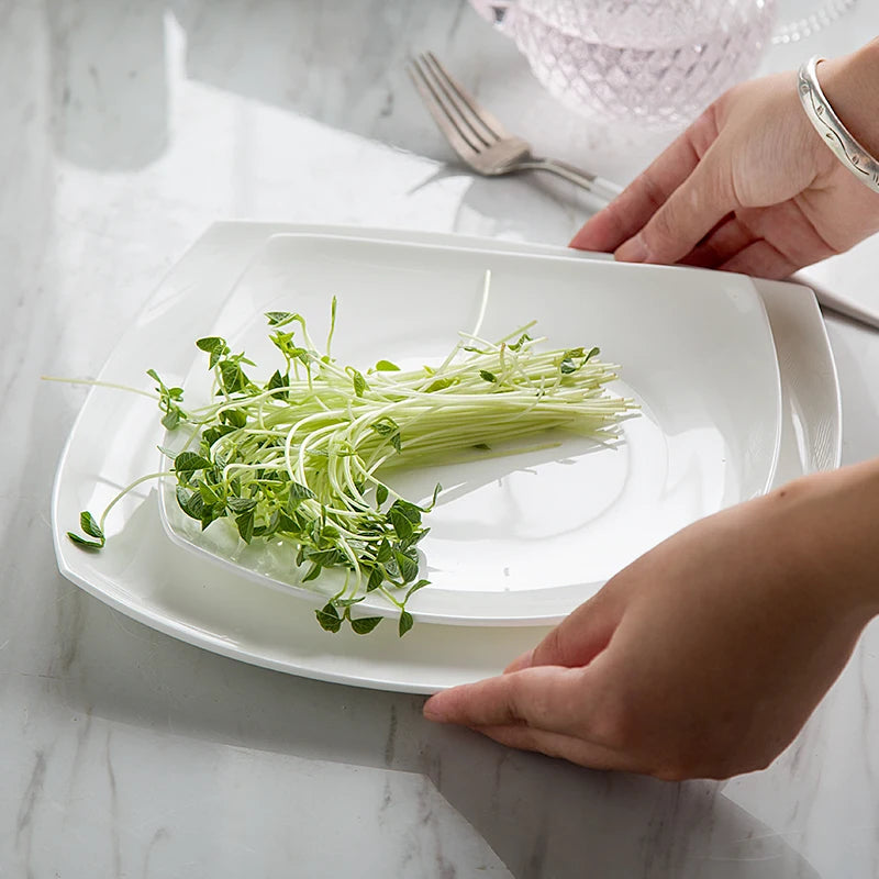 10.5 inch, bone china square dish, white ceramic plate for steak / soup, buffet serving trays, novalty dinner plate, rectangle.