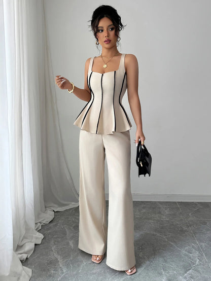 Two Piece Sets Women Pant Set Sleeveless Matching Sets Ruffles Tops Y2k Streetwear Elegant Work Wide Leg Long Pants High Waist.