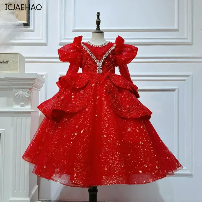 2025, Kinderkleid, Performance-Outfit, Mädchen, Blumenmädchen, Geburtstag, Prinzessinnenkleider, glitzernde Pailletten, bauschiges Kleid, rote Partykleidung für Kinder.