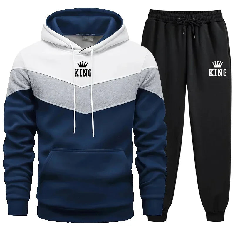 Mens Tracksuit King Printing Sports Suit Sports Hoodie+Pants 2 Piece Suit Casual Sweatshirt Suit Jogging Men's Splicing Clothing.