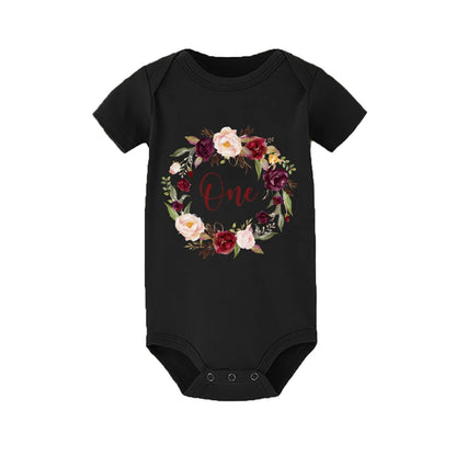 Kleinkind-Body mit Blumen- und Ein-Druck, lässig, kurzärmelig, für den ersten Geburtstag, Baby-Strampler, Sommer-Geburtstagsfeier, Blumenmädchen-Kleidung.