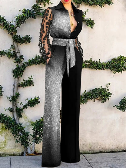 Women Fashion Romper Long Sleeve Lace Up Elegant Office Lapel Single-breasted Jumpsuit Shiny Patchwork Party Outfit Playsuit.