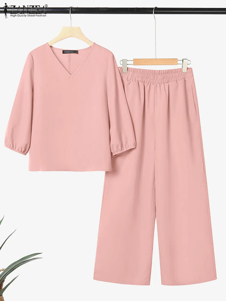 ZANZEA Autumn 2 Piece Sets Women Pant Sets Casual V Neck Long Sleeve Tops Pant Suit Elegant Solid Work Tracksuit Oversize 2025.