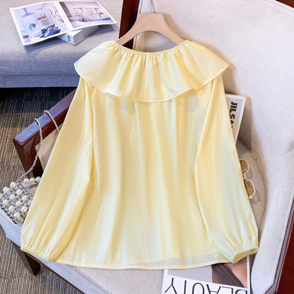 2025 French Large Size Long Sleeve O-neck Solid Color Loose Ruffle Shirt Ladies Spring Autumn Plus Size Blouses for Women.