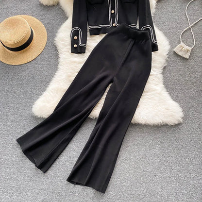 New Autumn Korean Fashion Casual Knit Two Piece Set Women Sweater Cardigan Crop Top + Wide Leg Pant Suits Tracksuit 2 Piece Sets.