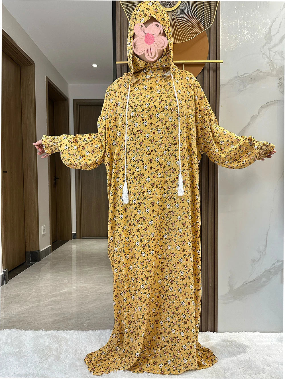 New Ramadan Muslim Two Hats Abaya Dubai Turkey Islam Prayer Clothes Floral Cotton Long Dress Islam Women Dress Kaftan.