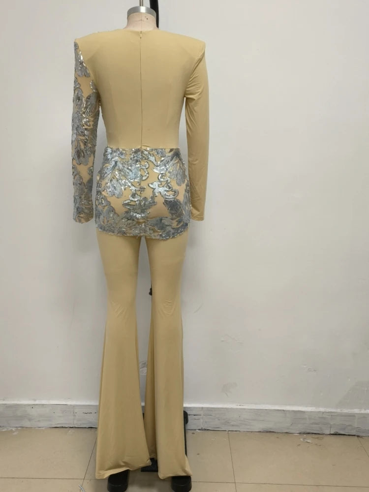 Sexy Deep V Neck Sparkly Diamonds Design Jumpsuit Women Long Sleeve Draped Wide Leg Jumpsuit Elegant Evening Club Costume Runway