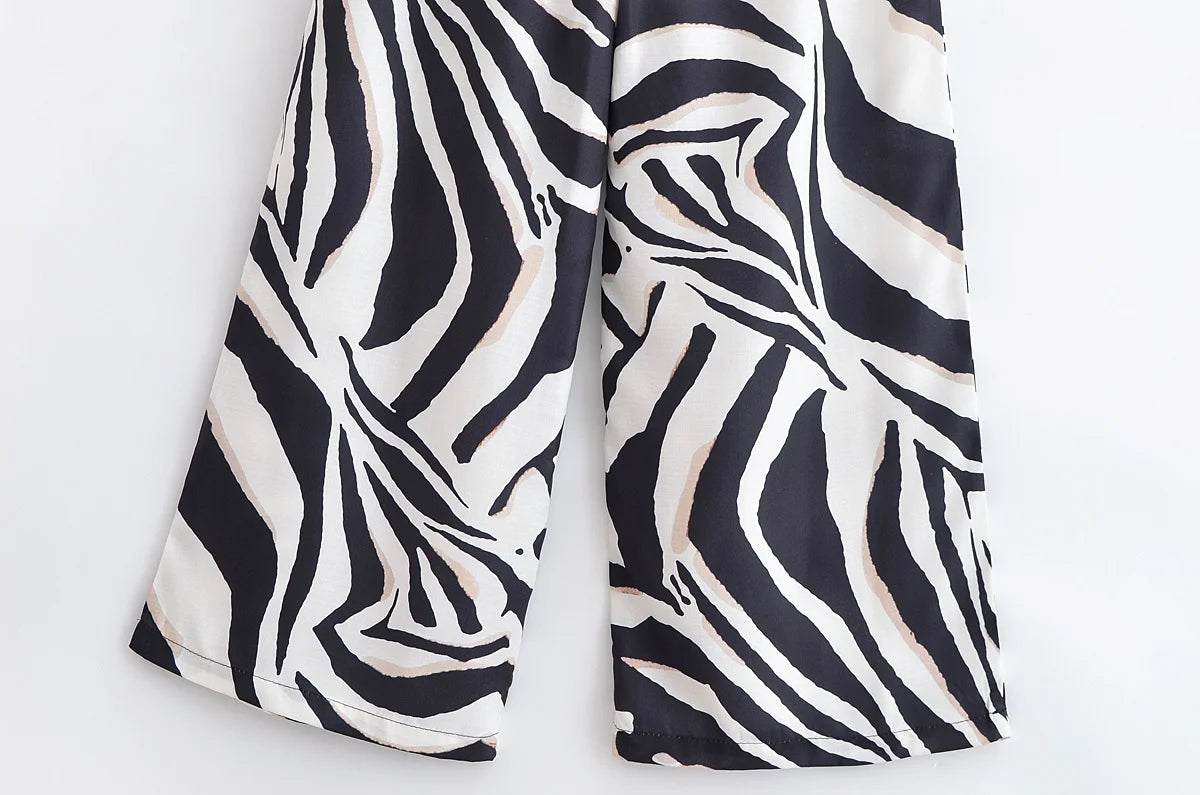 HH Women Pants Suit Fashion Zebra Stripes Single Breasted Sexy Sleeveless V-Neck Top+High Waist Zipper Casual Wide Leg Pants