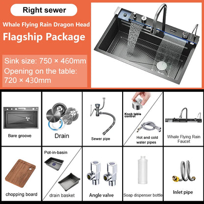 Edelstahl-Küchenspüle mit Wasserfall-Wasserhahn, integrierte Digitalanzeige, geprägtes Waschbecken für die Küche